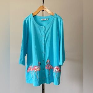 Quacker Factory Blue Jacket Flamingos Beaded Embroidered Rhinestones SIZE: 1X
